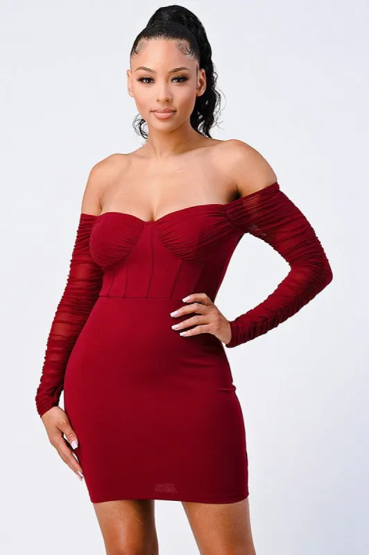 SEXY RUCHED OFF SHOULDER DRESS WITH RIB DETAIL sold by privy