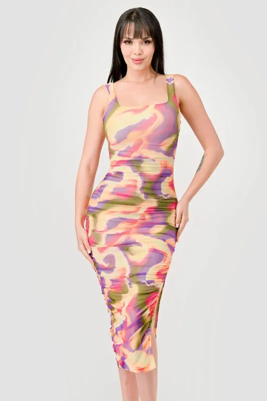 SEXY MULTI COLORS MARBLES PRINT MESH MIDI DRESS sold by privy