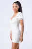 PD75956S-W / CHIC EYELET LACE TRIM SWEETHEART RUCHED MINI DRESS sold by privy