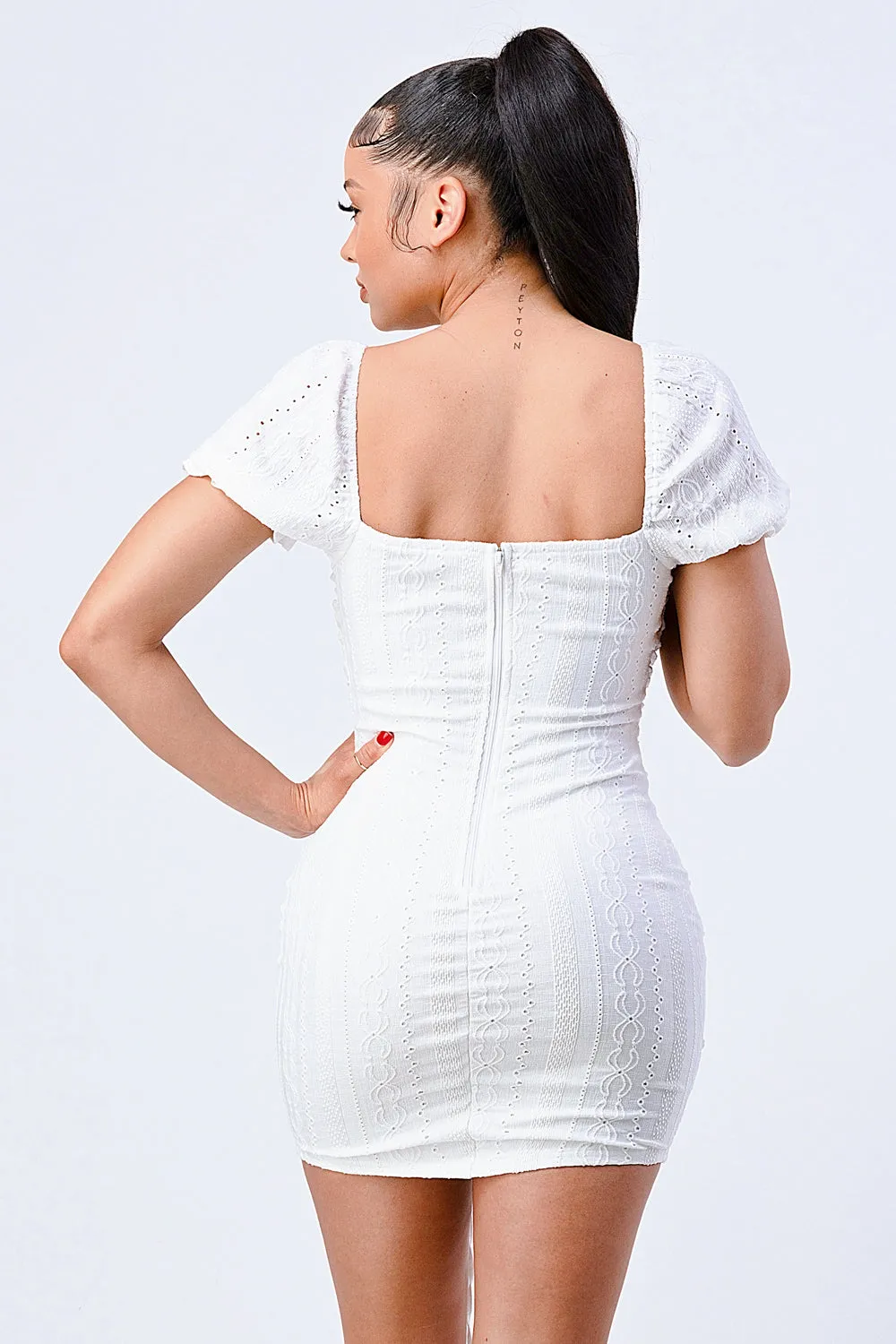 PD75956S-W / CHIC EYELET LACE TRIM SWEETHEART RUCHED MINI DRESS sold by privy product image thumbnail 4