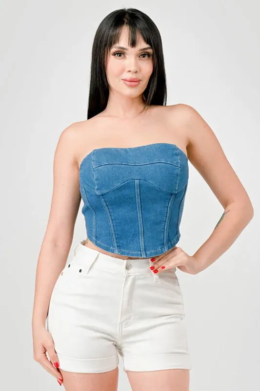 SEXY SUPER STRETCH WASHED DENIM BUSTIER CROP TOP sold by privy