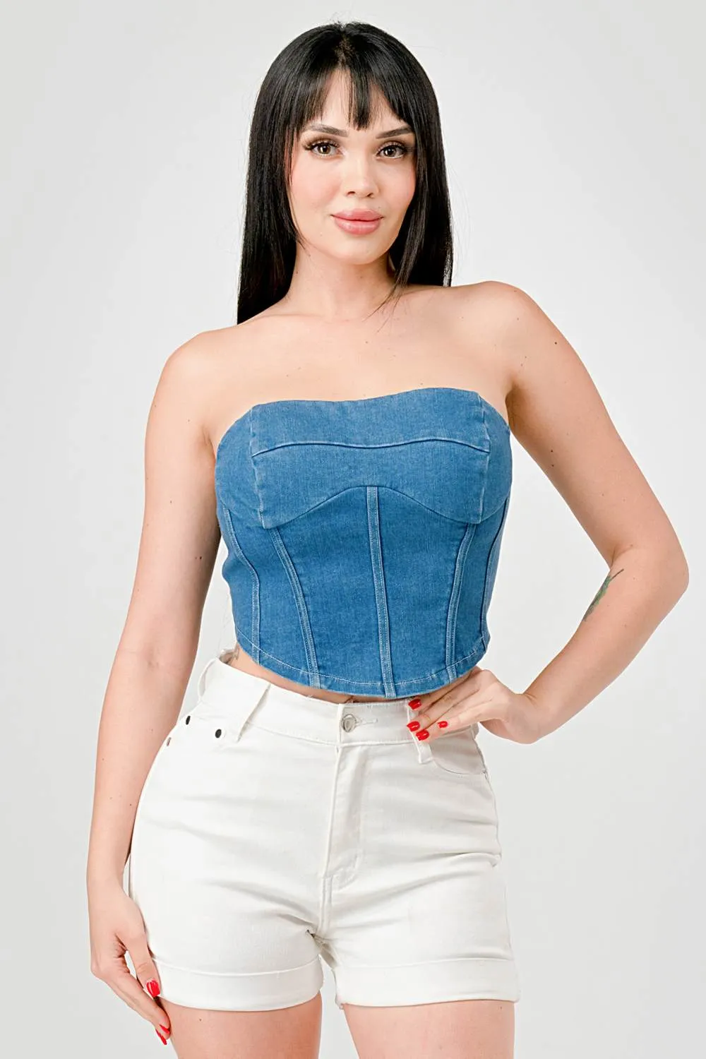 SEXY SUPER STRETCH WASHED DENIM BUSTIER CROP TOP sold by privy