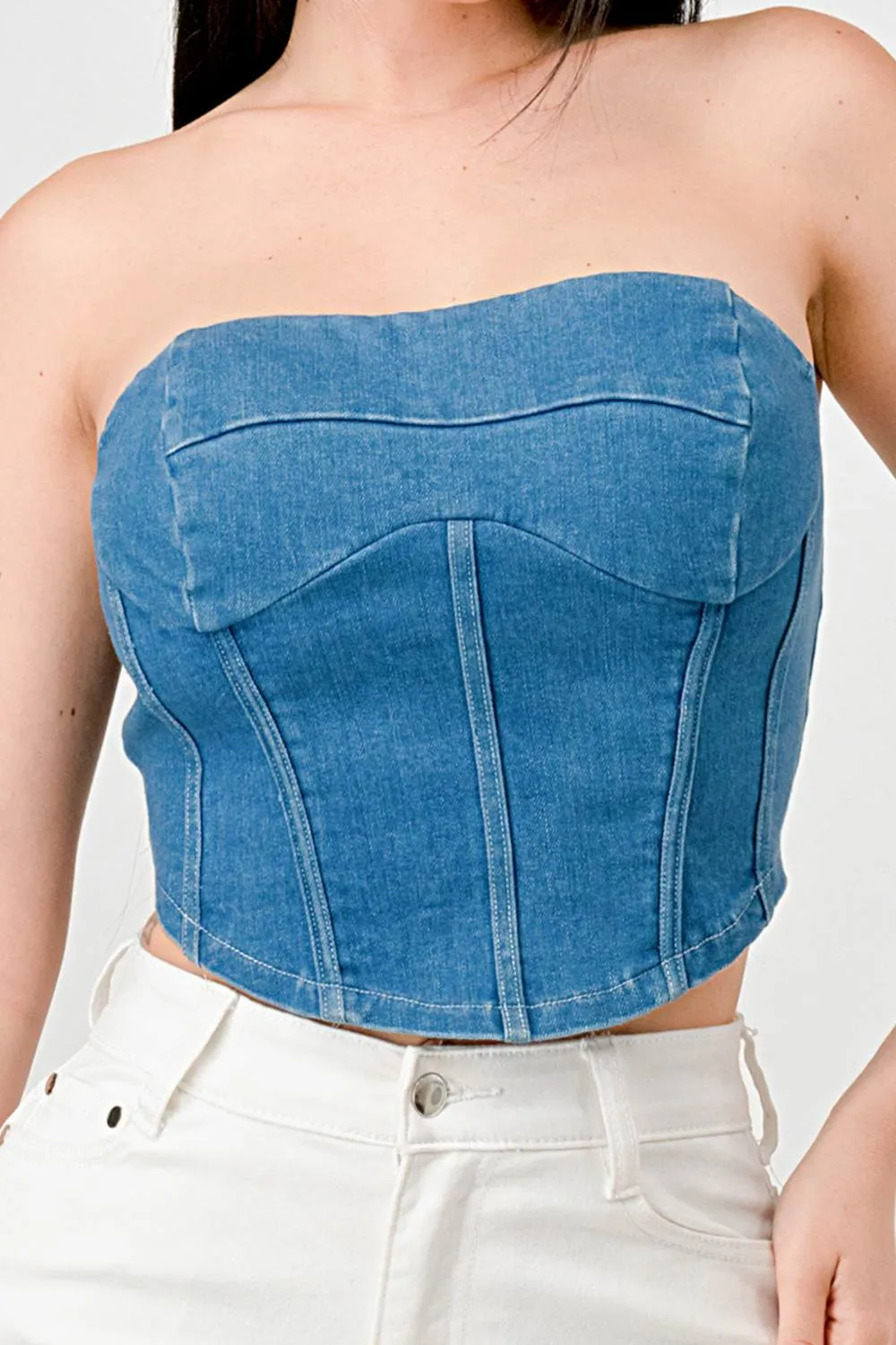 SEXY SUPER STRETCH WASHED DENIM BUSTIER CROP TOP sold by privy product image thumbnail 5