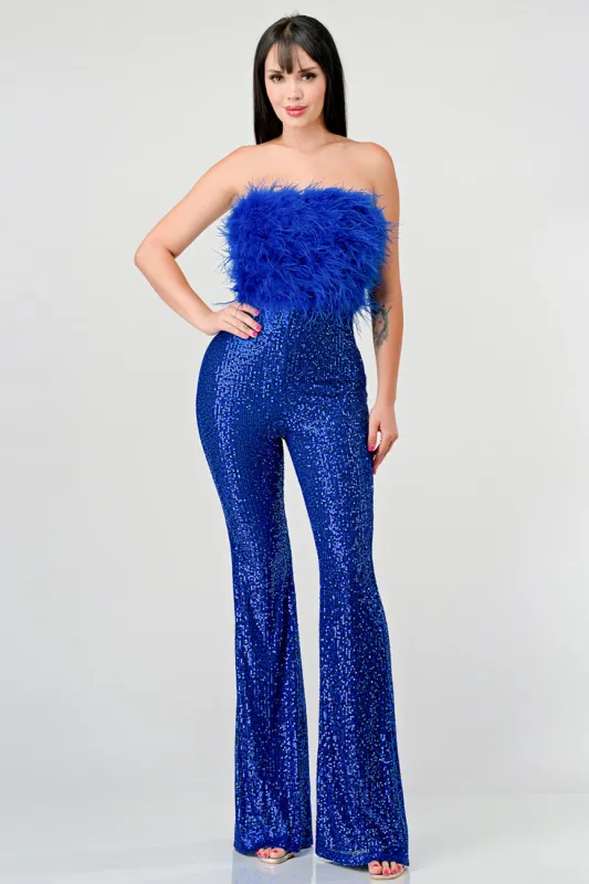 SEXY FAUX FUR OFF SHOULDER SEQUINS JUMPSUIT sold by privy