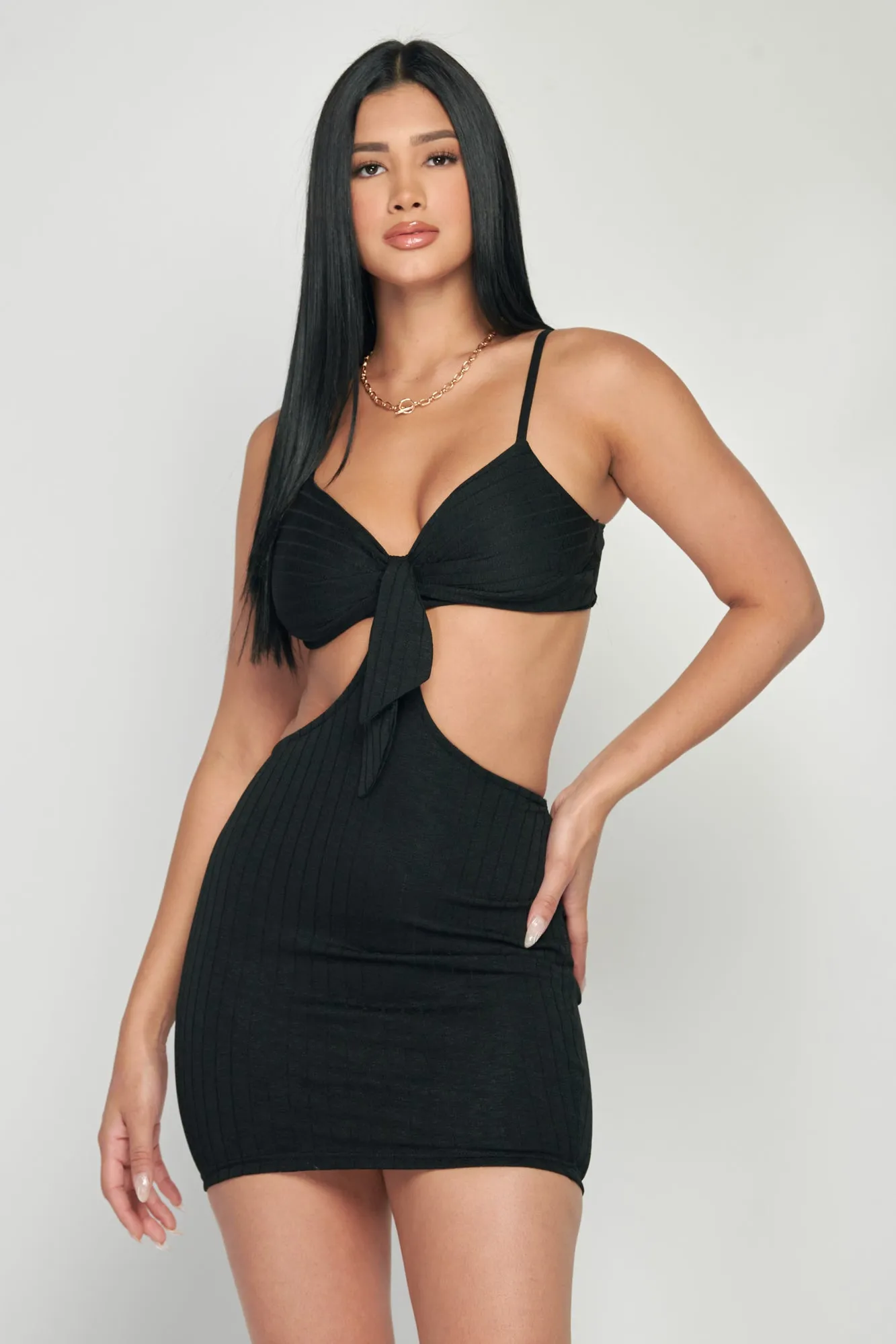 PD71298Z-W / RIBBED KNIT CUT-OUT FRONT TIE MINI DRESS sold by privy