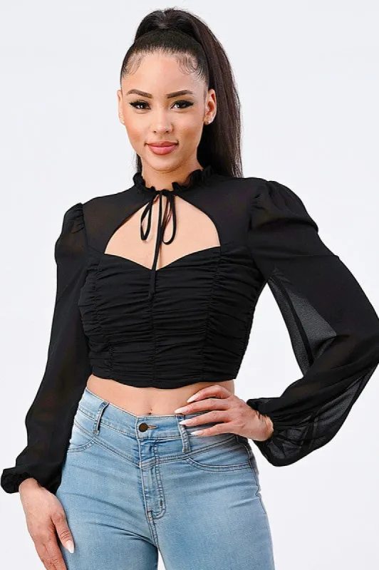LUX STRETCH CUT OUT FRONT RIBBON SHIRRING TOP sold by privy