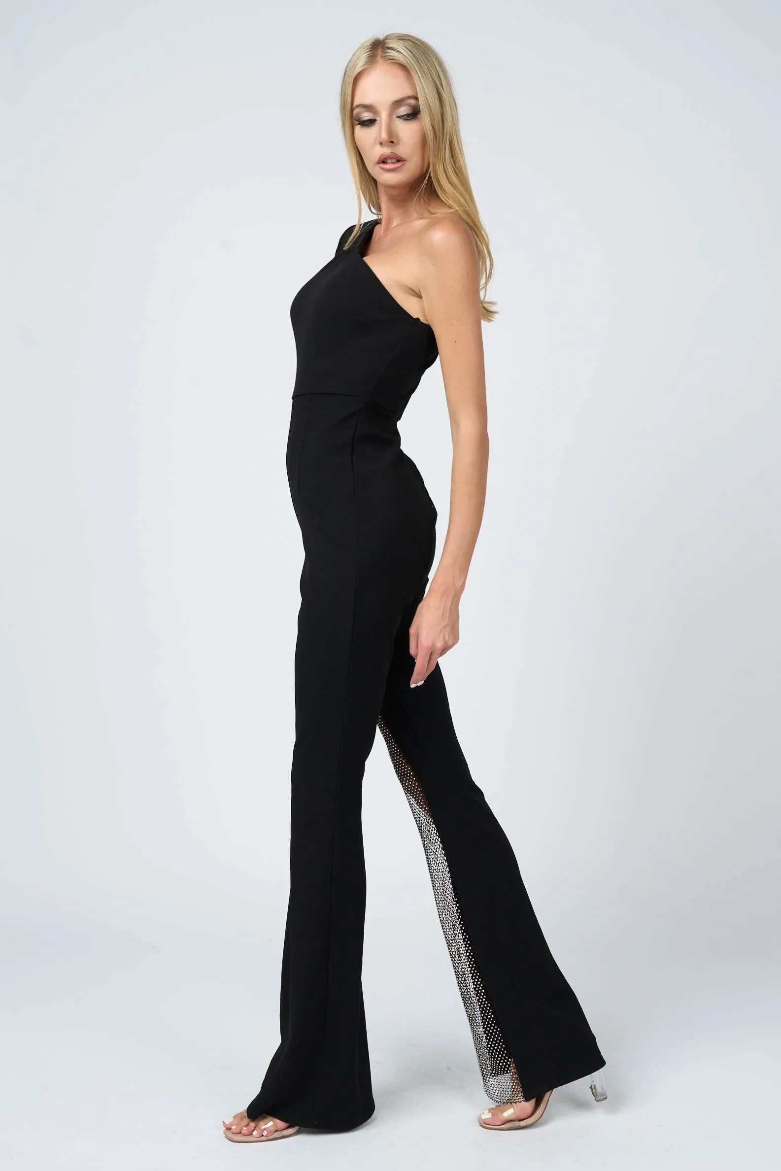LUX ONE SHOULDER RHINESTONRES NET SLITTED JUMPSUIT sold by privy product image thumbnail 5