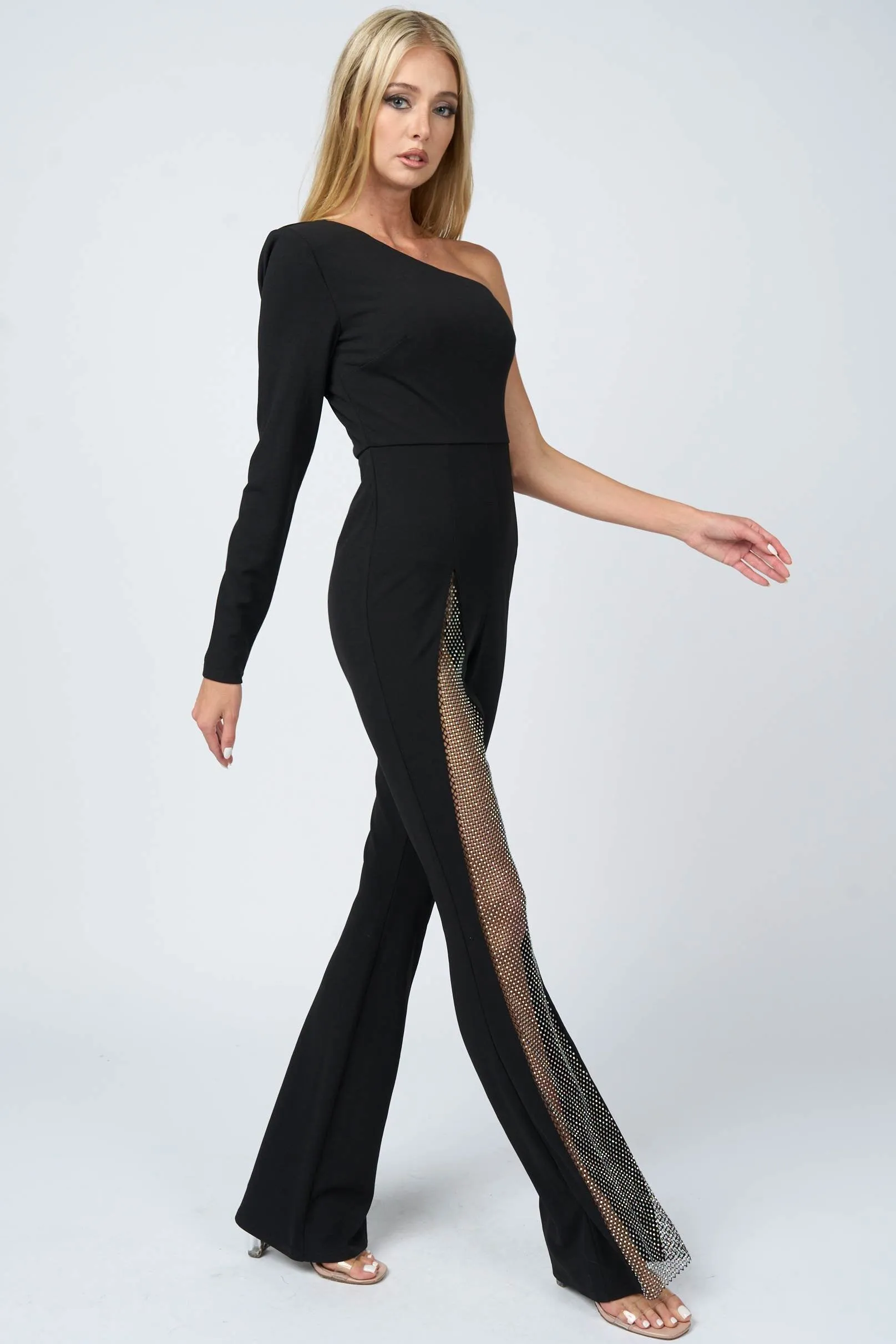 LUX ONE SHOULDER RHINESTONRES NET SLITTED JUMPSUIT sold by privy product image thumbnail 3