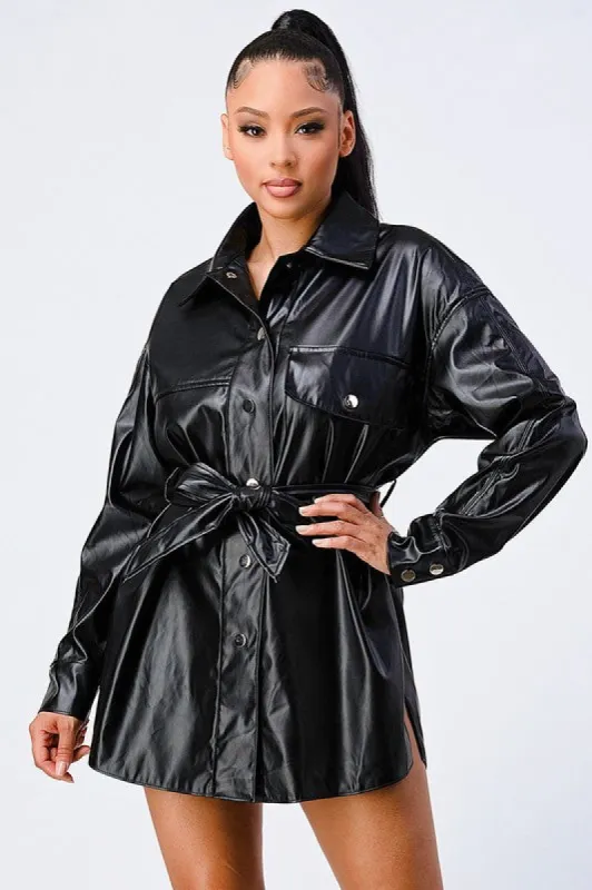 SUPER STRETCH FAUX LEATHER TIE WAIST JACKET DRESS made by privy