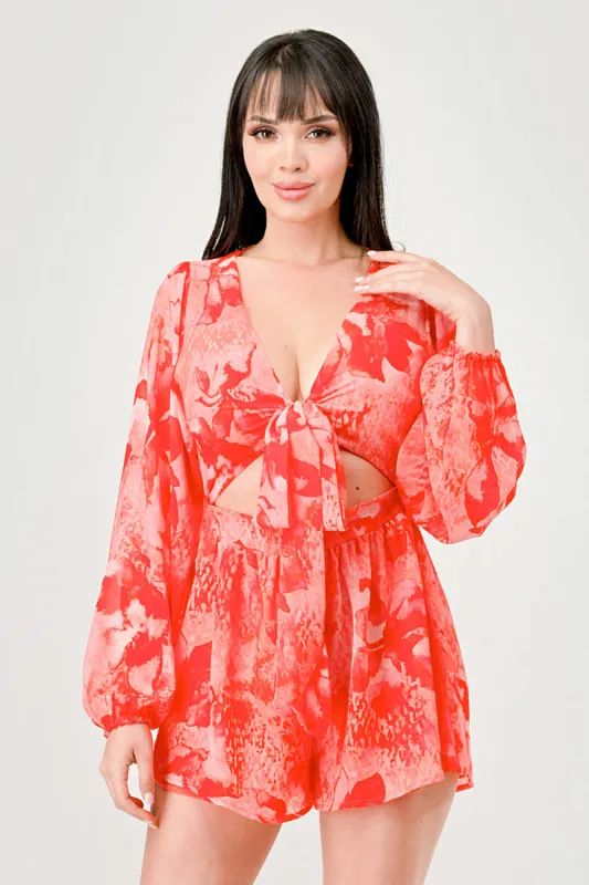 TIE DYE PRINT CHIFFON FRONT BOW TIE PEASANT ROMPER sold by privy