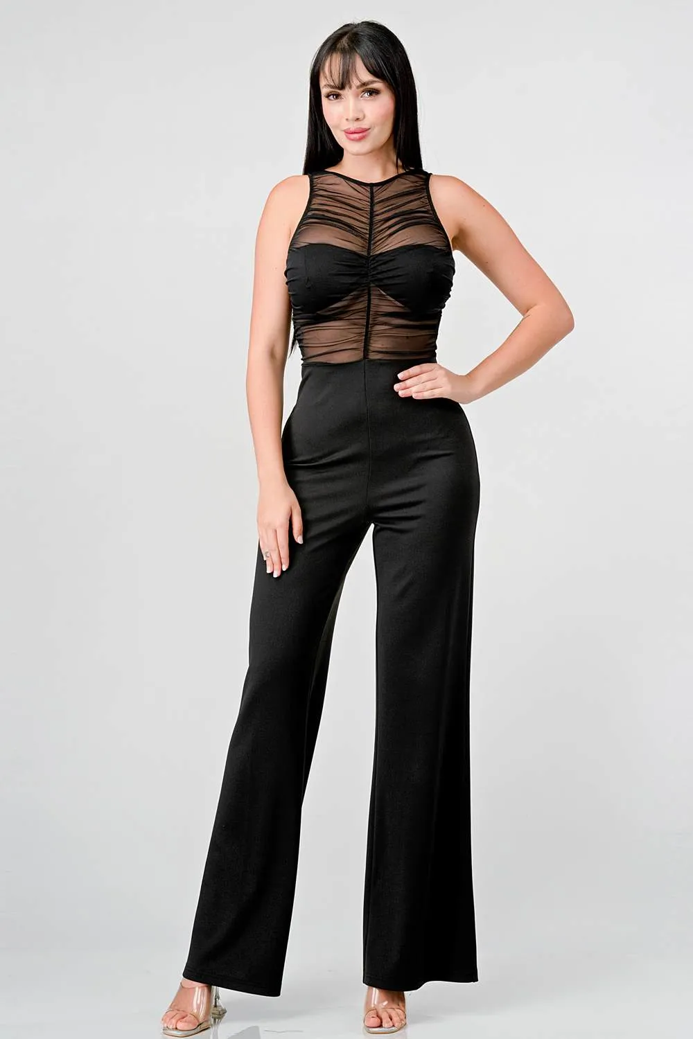 SEXY SHEER MESH COVERAGE BODICE WIDE LEG JUMPSUIT sold by privy
