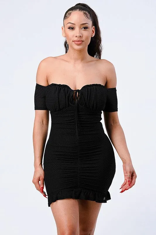 LUX OFF SHOULDER RUCHED RUFFLED HEM BODYCON MINI DRESS sold by privy