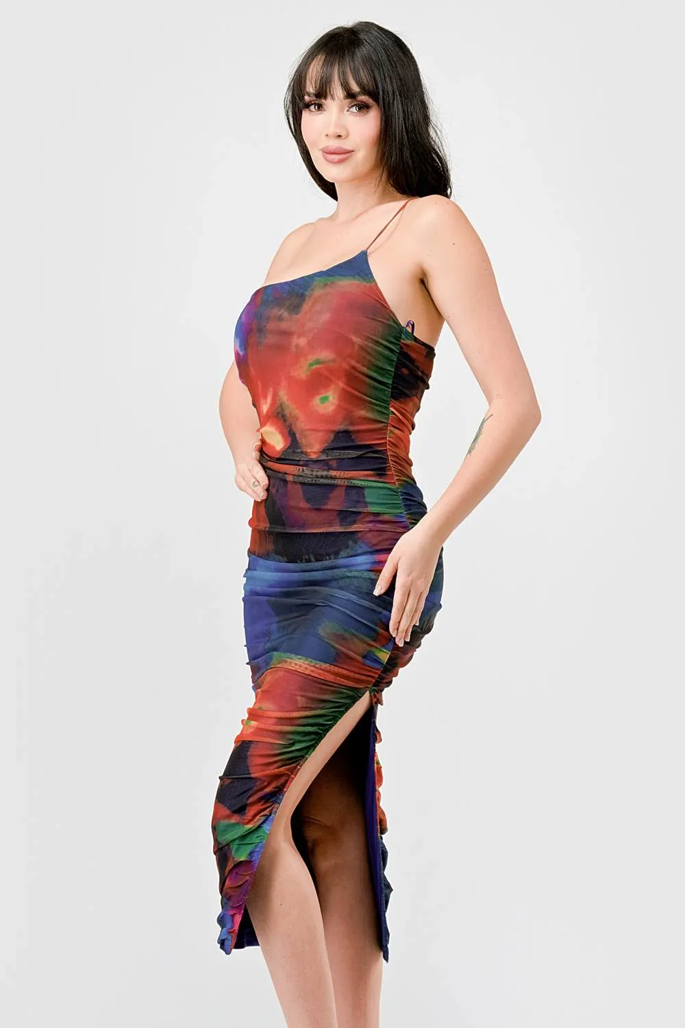 TIE DYE MESH ASYMMETRICAL RUCHED SLIT MIDI DRESS sold by privy product image thumbnail 3