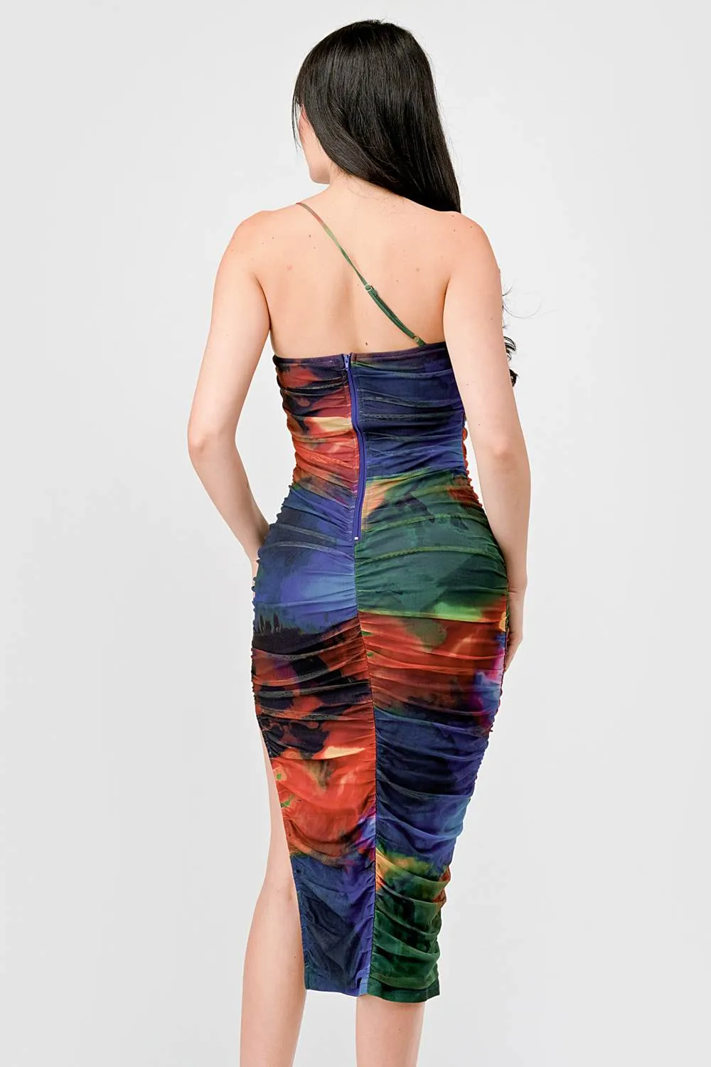 TIE DYE MESH ASYMMETRICAL RUCHED SLIT MIDI DRESS sold by privy product image thumbnail 4