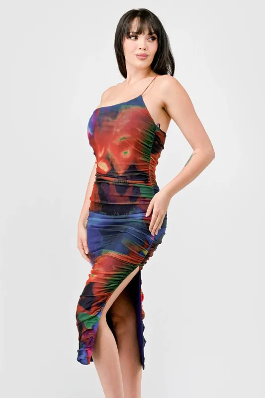 TIE DYE MESH ASYMMETRICAL RUCHED SLIT MIDI DRESS sold by privy