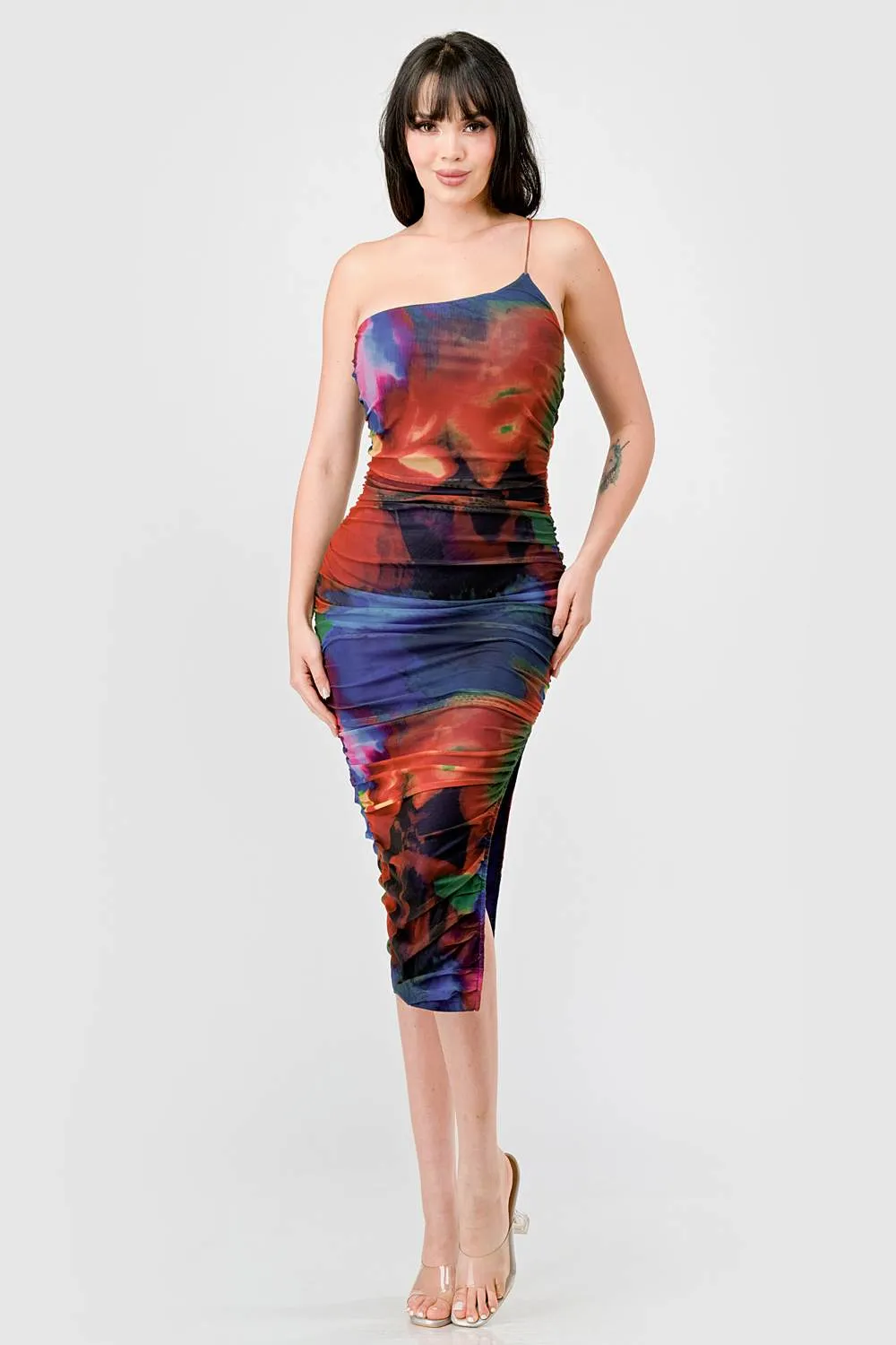 TIE DYE MESH ASYMMETRICAL RUCHED SLIT MIDI DRESS sold by privy product image thumbnail 5
