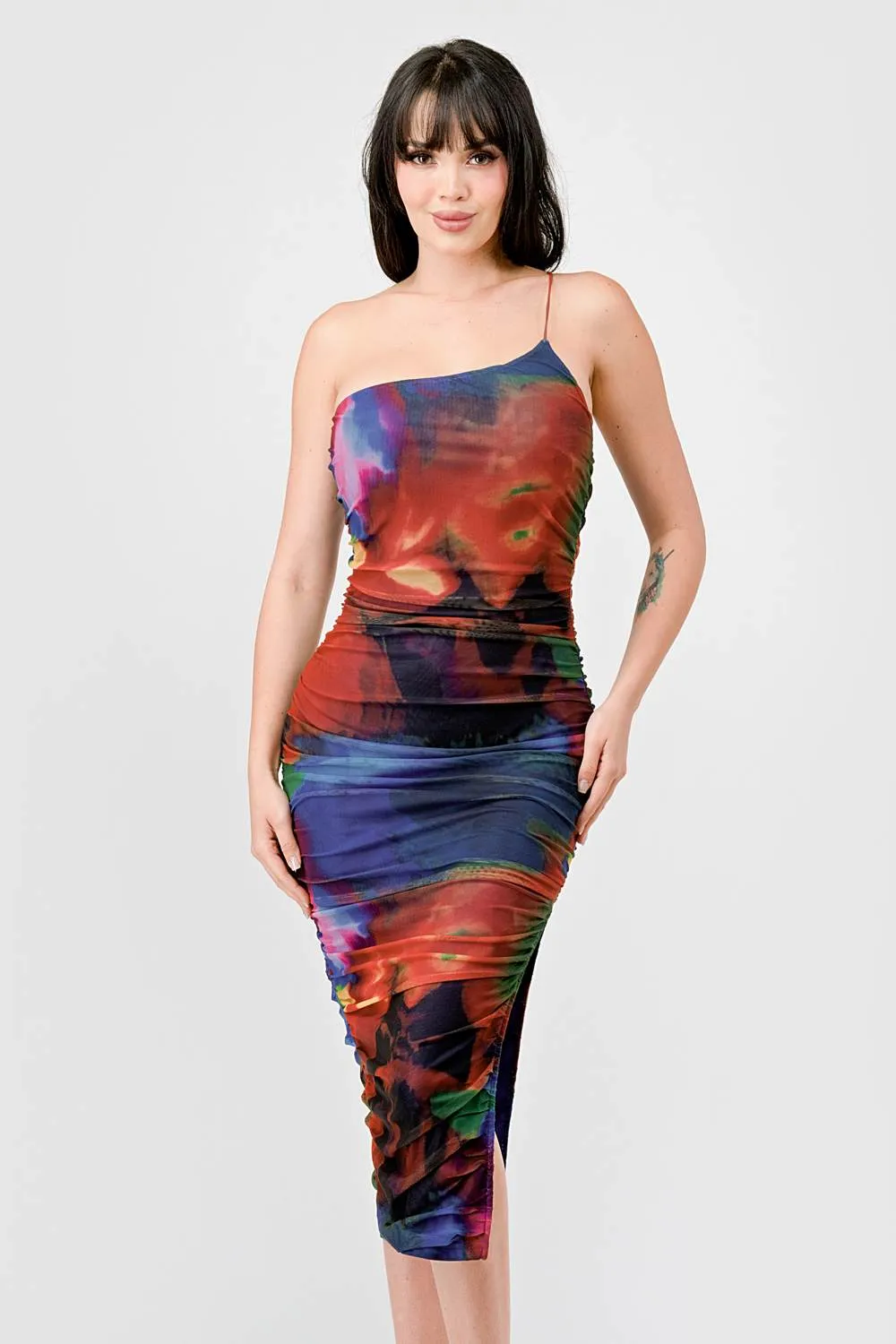 TIE DYE MESH ASYMMETRICAL RUCHED SLIT MIDI DRESS sold by privy product image thumbnail 2