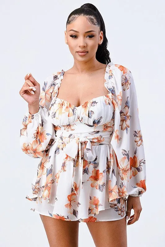 FLORAL SMOCKED SWEETHEART WAIST TIE RUFFLED ROMPER sold by privy product image thumbnail 2