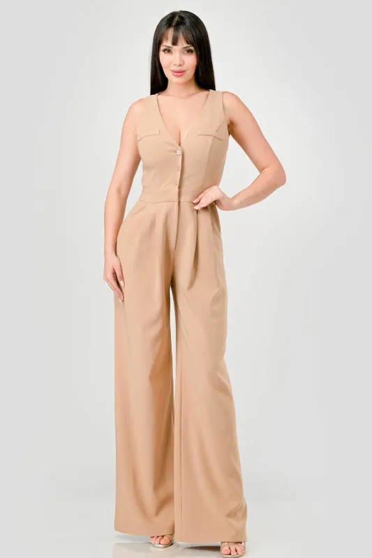 LUXE BUTTON DOWN VEST STYLE PALAZZO LEGS JUMPSUIT made by privy