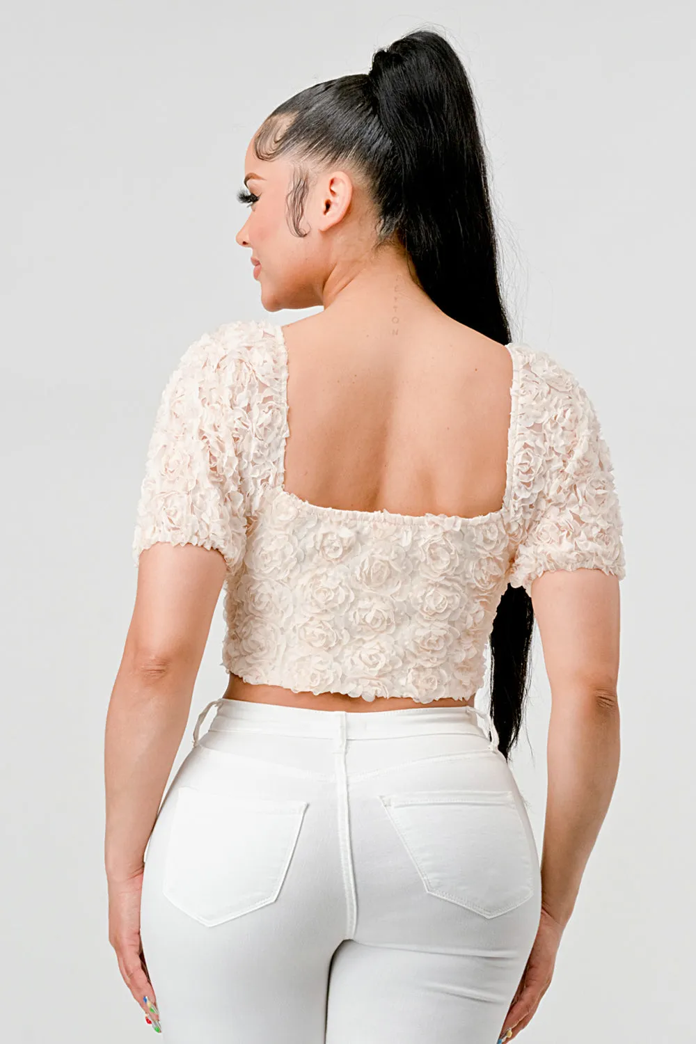 ROSETTE TEXTRUED MESH SWEETHEART LACE UP CROP TTOP sold by privy product image thumbnail 3