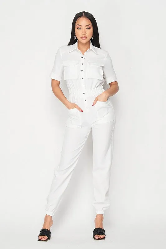 CINCHED WAIST SHORT SLEEVE BUTTON-UP JUMPSUIT sold by privy product image thumbnail 2