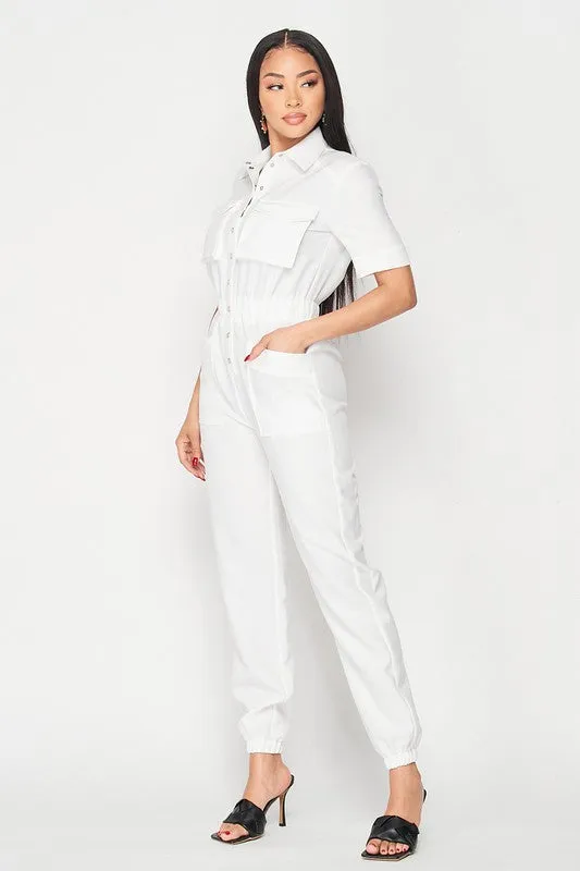 CINCHED WAIST SHORT SLEEVE BUTTON-UP JUMPSUIT sold by privy product image thumbnail 3