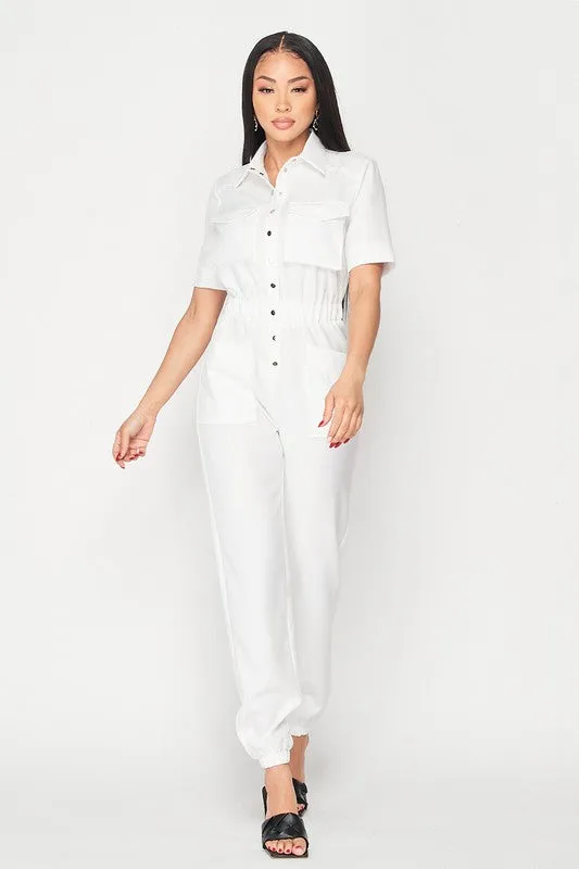 CINCHED WAIST SHORT SLEEVE BUTTON-UP JUMPSUIT sold by privy