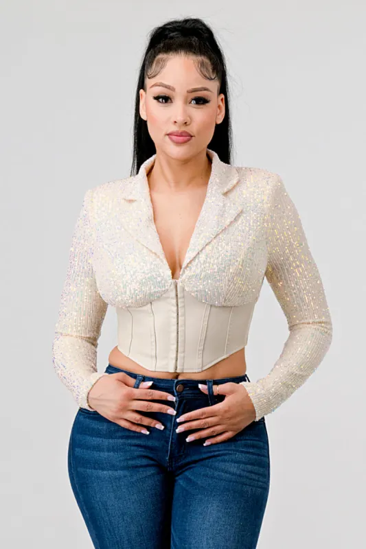 SEQUIN FRONT HOOK CLOSURE LONG SLEEVED JACKET sold by privy
