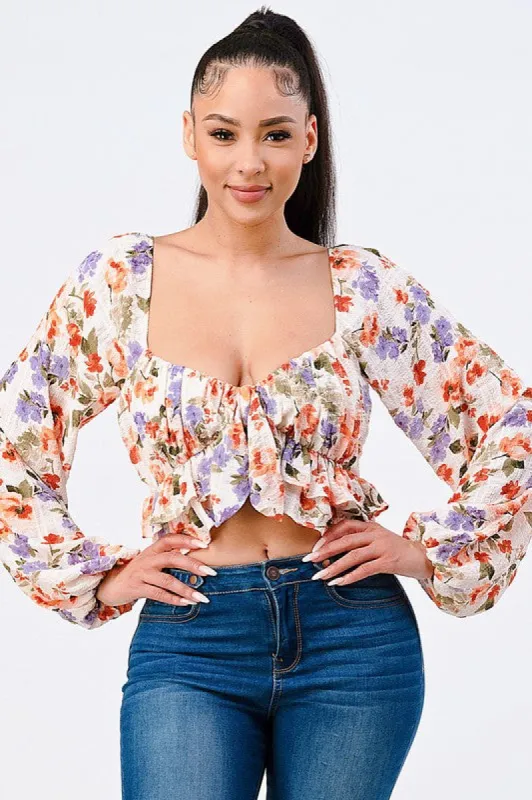 PT41805K / FLORAL RUCHED SMOCKED RUFFLED PEASANT CROP TOP sold by privy