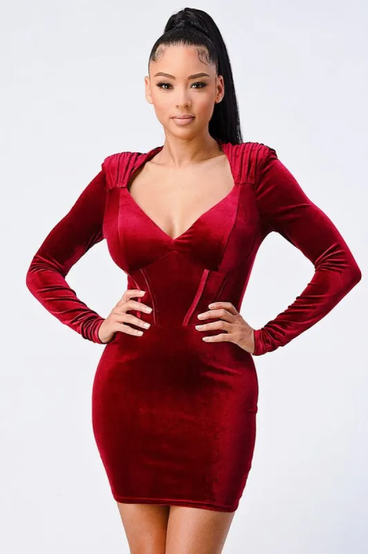 SEXY VELVET POWER SHOULDER DEEP-V BODYCON DRESS sold by privy
