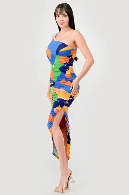 COLOR BLOCK PRINTED MESH RUCHED SLITTED MIDI DRESS sold by privy