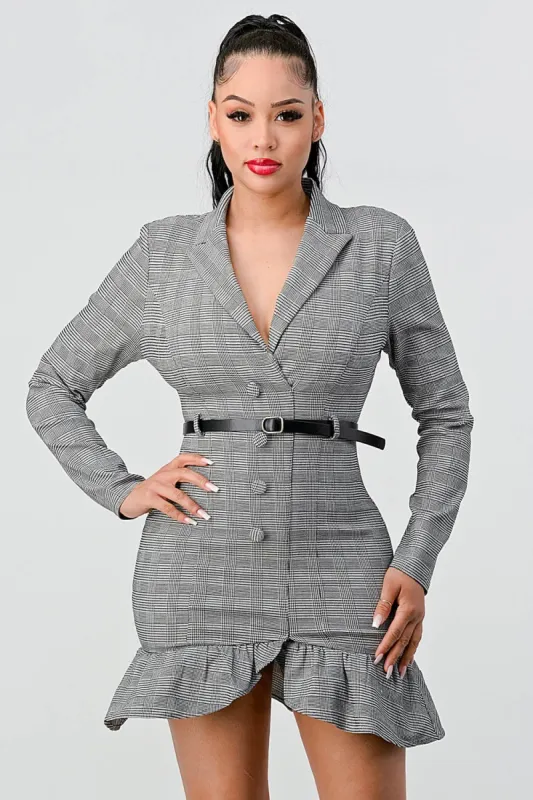 LUX HOUNDSTOOTH BUTTON DOWN BELT BLAZER DRESS sold by privy