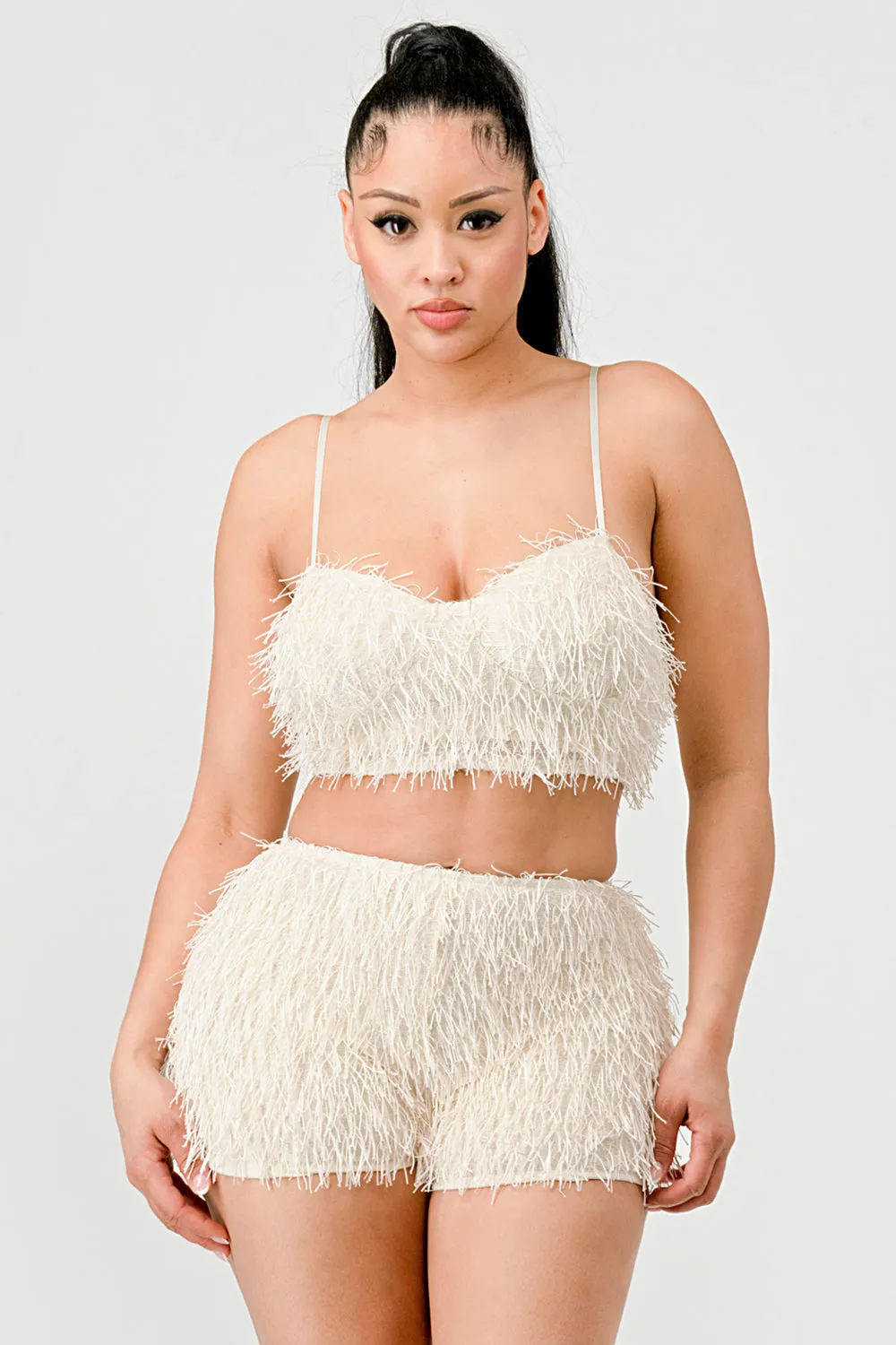 SEXY FRINGE METALLIC CAMI CROP TOP AND SHORTS SET sold by privy