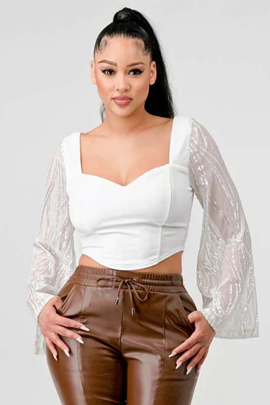 PT43731K-W / LUXE SWEETHEART GLITTER LONG SLEEVES CROPPED TOP sold by privy