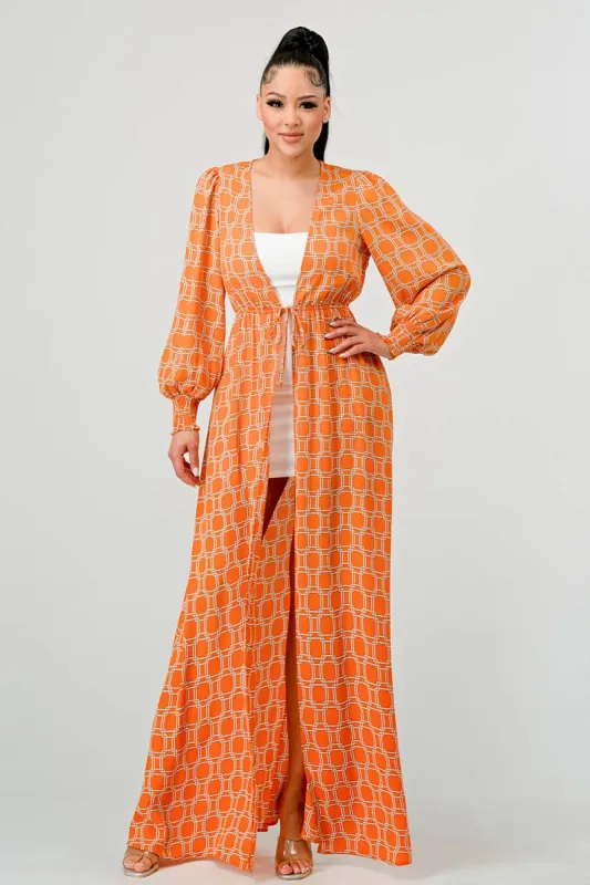 LUX WOOLDOBBY PRINT WAIST TIE MAXI KIMONO CARDIGAN sold by privy