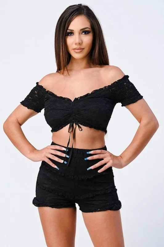 SMOCKED OFF SHOULDER CROPPED TOP AND SHORTS SET sold by privy