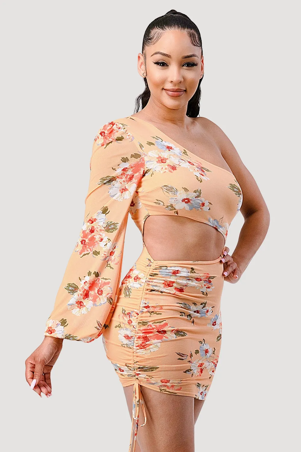 PD72147S-W / FLORAL ASYMMETRICAL ONE SHOULDER BODYCON MINI DRESS sold by privy