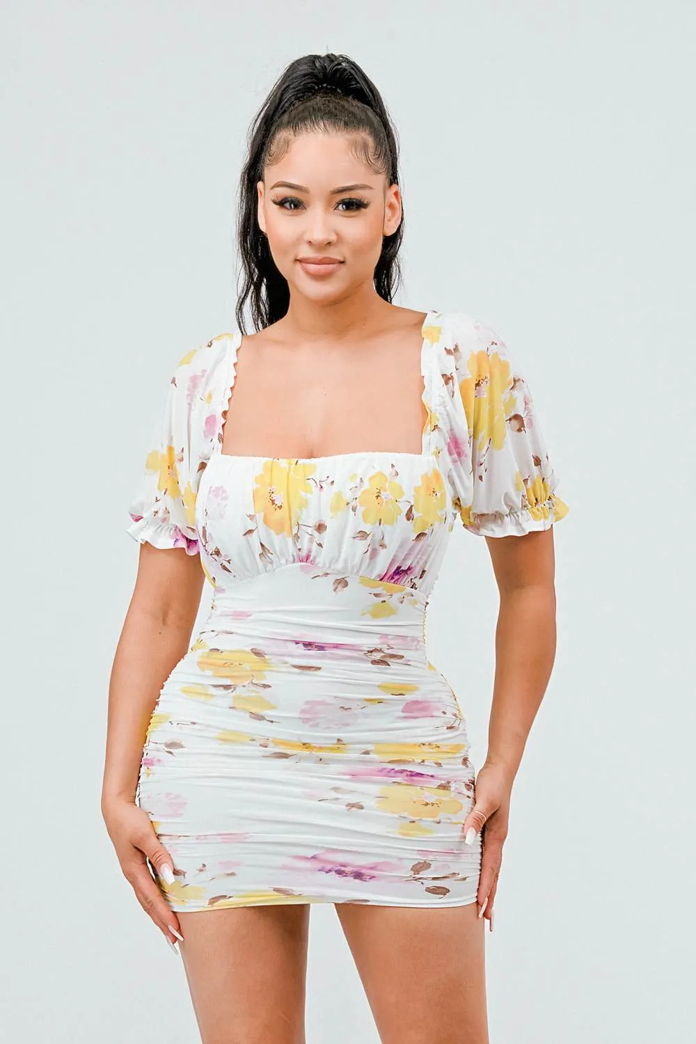 PD73391K-W / FLORAL PRINT SQUARE NECK RUCHED BUBBLE MINI DRESS sold by privy product image thumbnail 2