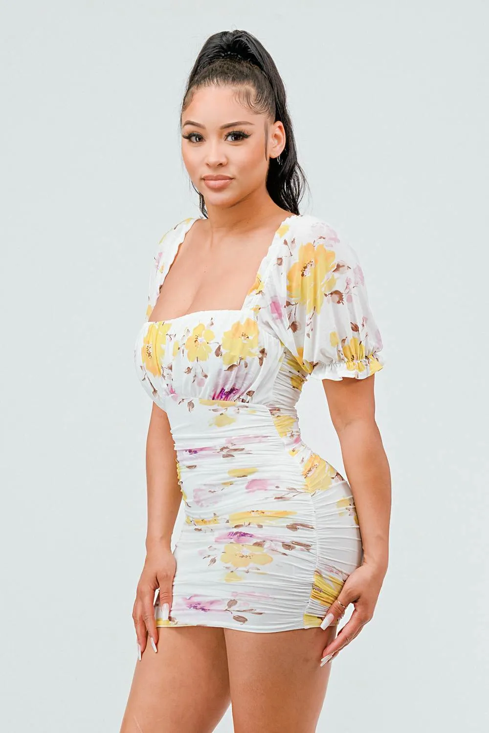 PD73391K-W / FLORAL PRINT SQUARE NECK RUCHED BUBBLE MINI DRESS sold by privy product image thumbnail 3