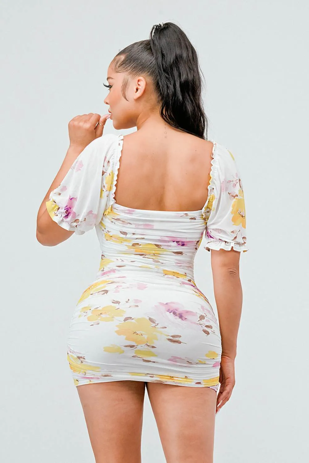 PD73391K-W / FLORAL PRINT SQUARE NECK RUCHED BUBBLE MINI DRESS sold by privy product image thumbnail 4