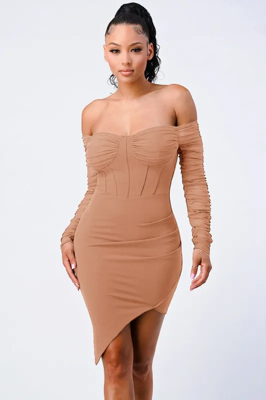 LUX OFF SHOULDER RIBBED ASYMMETRICAL BODYCON DRESS sold by privy