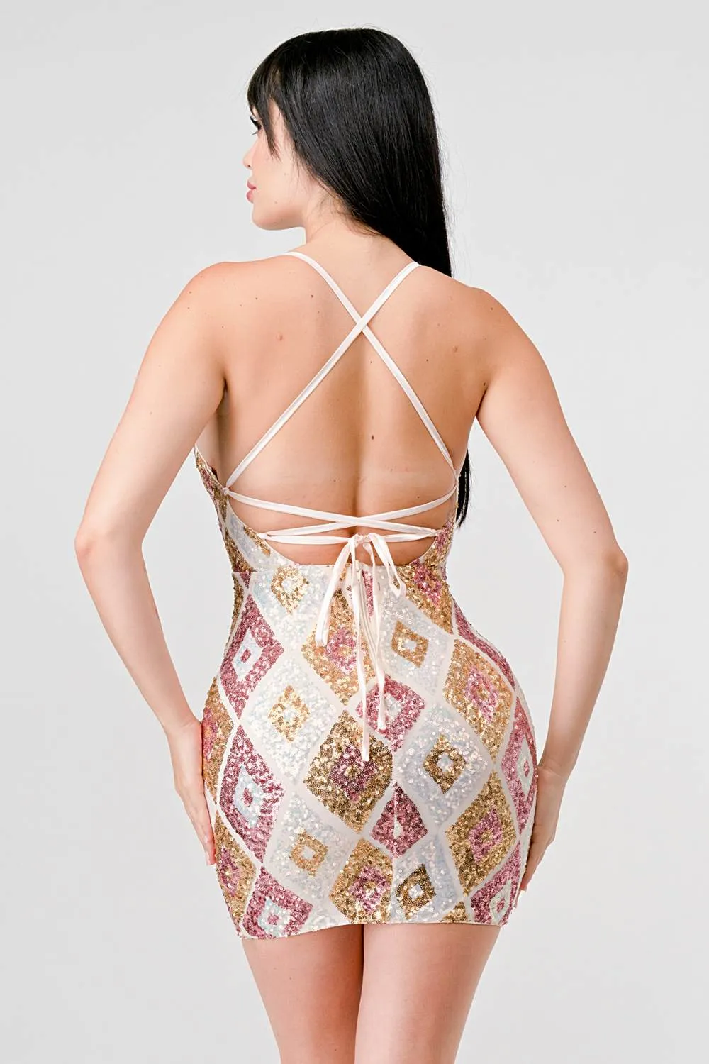 LUXE MULTICOLOR SEQUINS DIAMOND PATTERN MINI DRESS sold by privy product image thumbnail 3