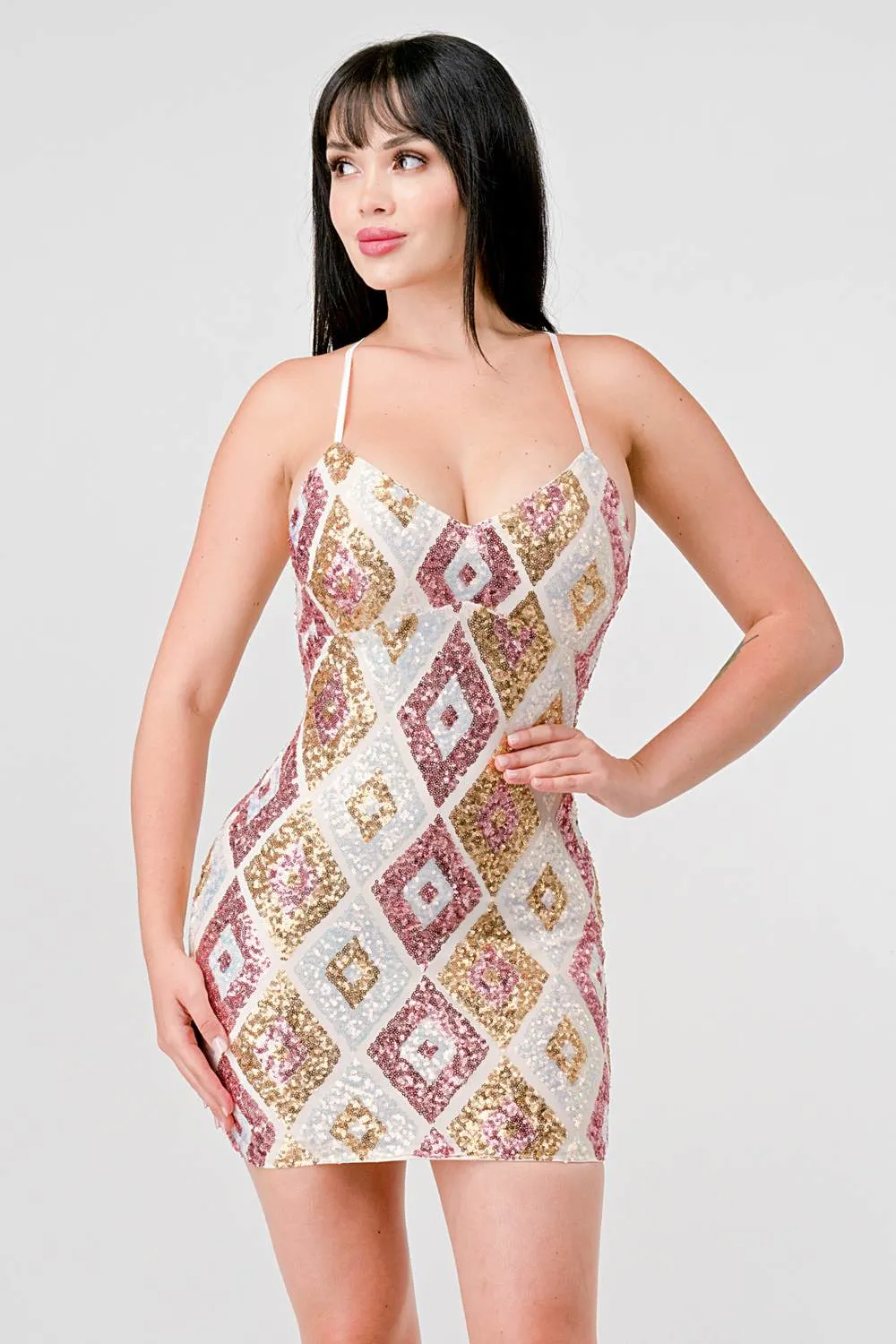 LUXE MULTICOLOR SEQUINS DIAMOND PATTERN MINI DRESS sold by privy product image thumbnail 4