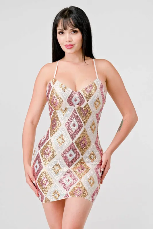 LUXE MULTICOLOR SEQUINS DIAMOND PATTERN MINI DRESS sold by privy