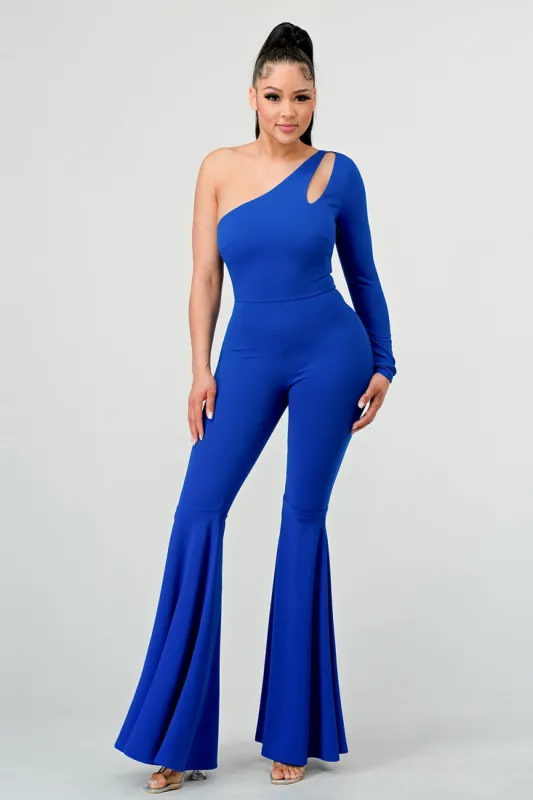 LUXE ONE SHOULDER BODYCON FLARE LEGS JUMPSUIT sold by privy