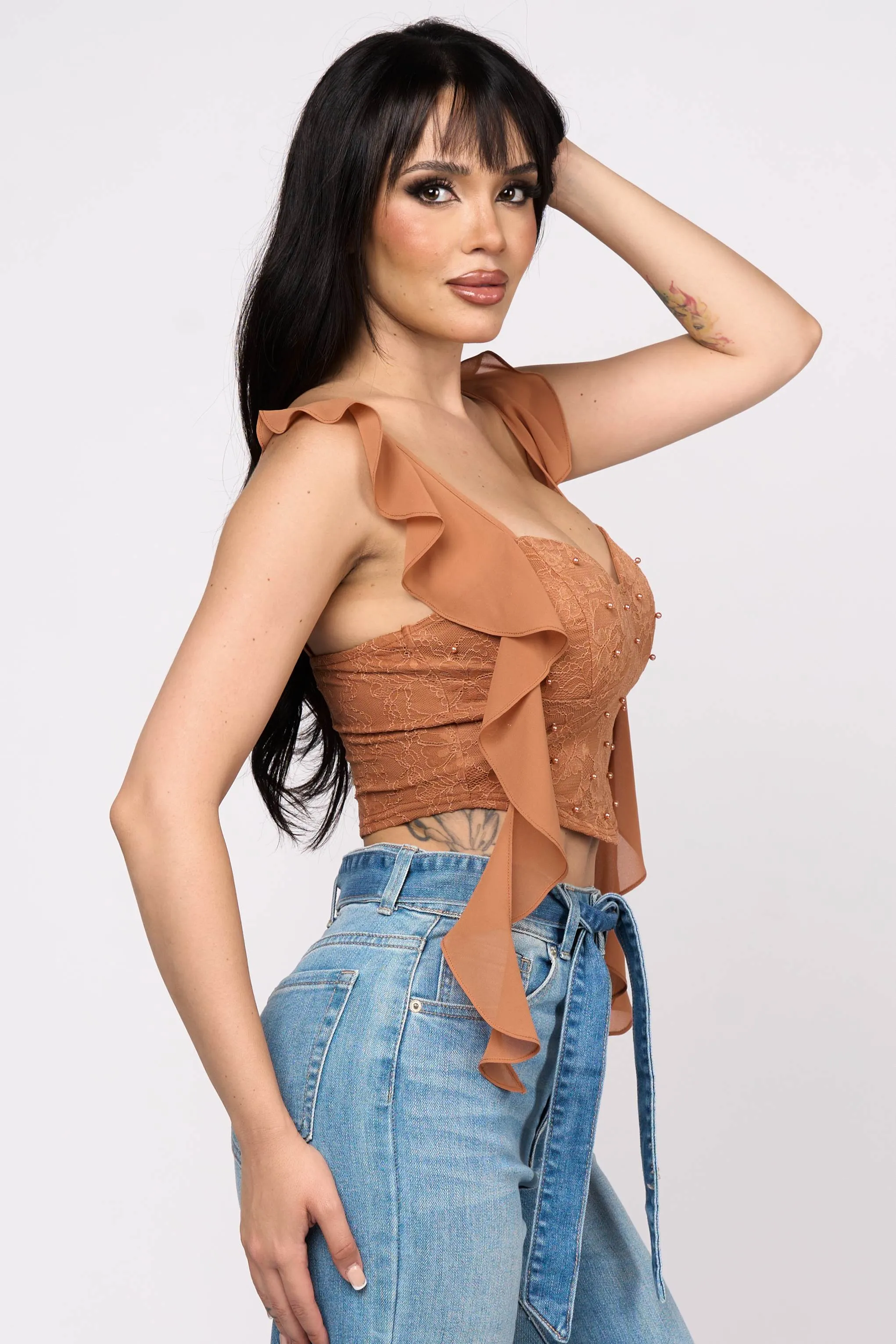 LUXE LACE PEARL CHELSEA CHIFFON RUFFLE DRAPED CROP TOP sold by privy product image thumbnail 3