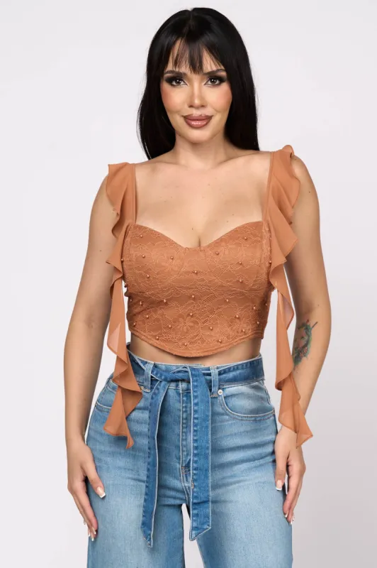 LUXE LACE PEARL CHELSEA CHIFFON RUFFLE DRAPED CROP TOP sold by privy