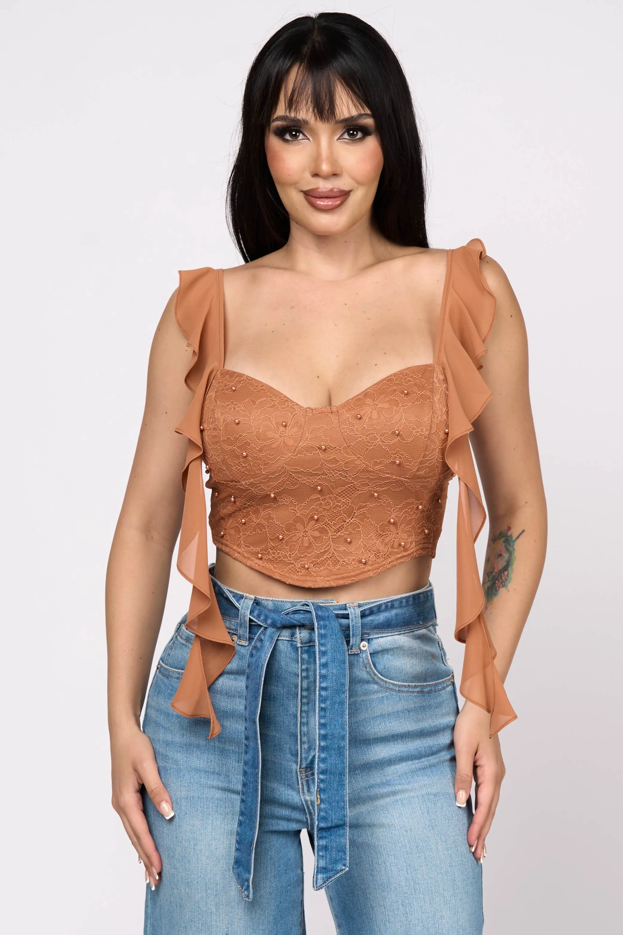 LUXE LACE PEARL CHELSEA CHIFFON RUFFLE DRAPED CROP TOP sold by privy