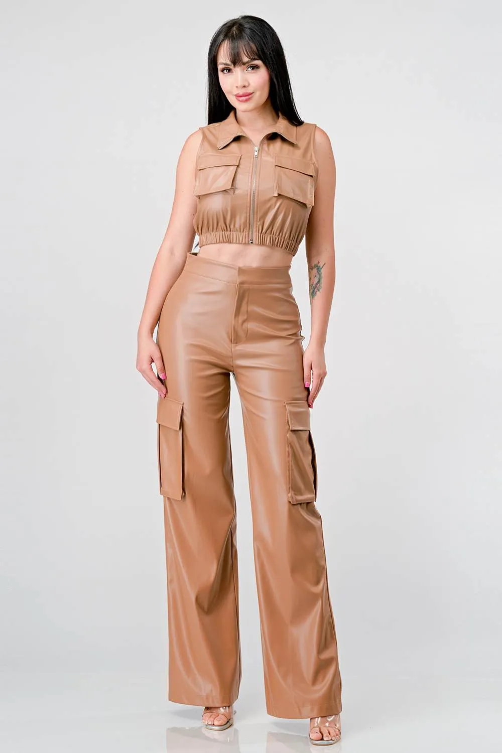 SEXY FAUX LEATHER CROPPED TOP AND PANTS SET sold by privy product image thumbnail 4