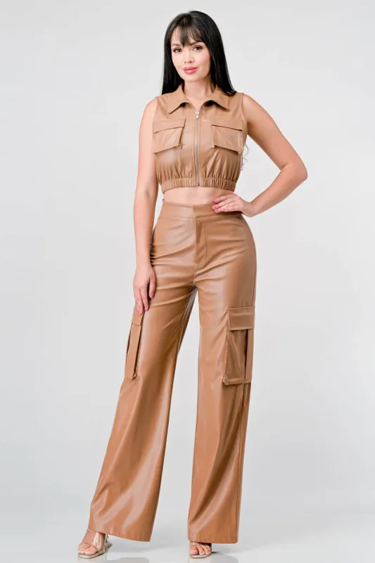SEXY FAUX LEATHER CROPPED TOP AND PANTS SET sold by privy